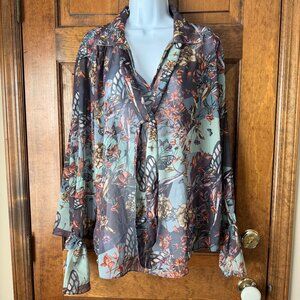 LaBellum Butterflies, Owls & Flowers Blouse w/Self-Tie Bow Size 2X